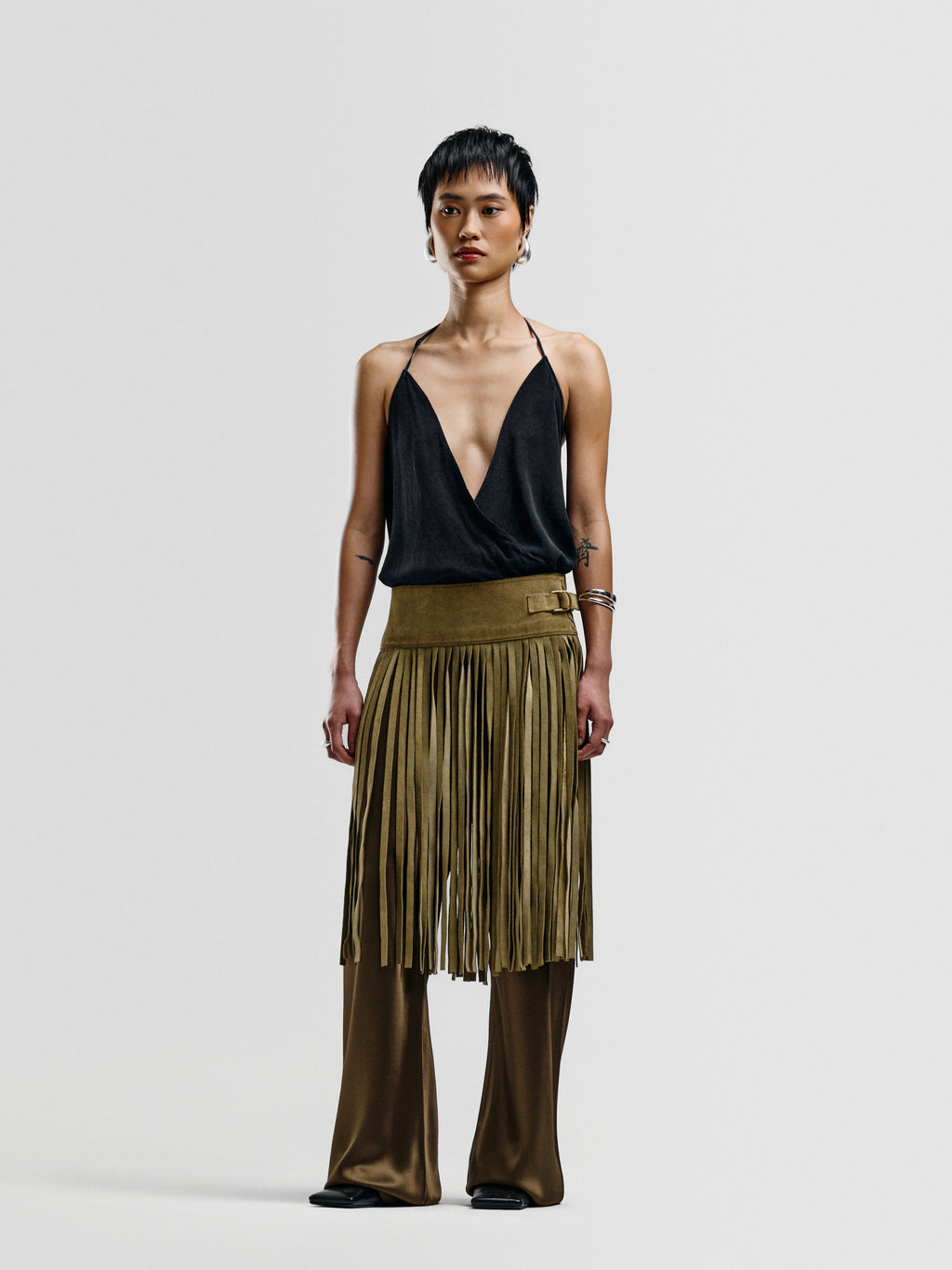 DKNY Suede Fringe Belted Skirt