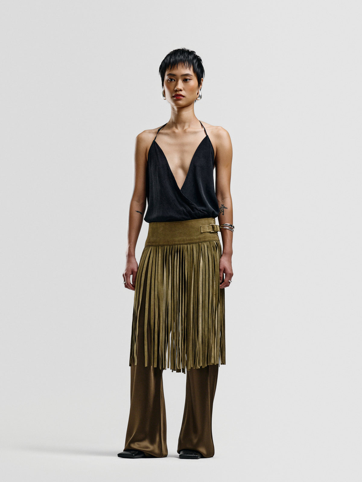 DKNY Suede Fringe Belted Skirt