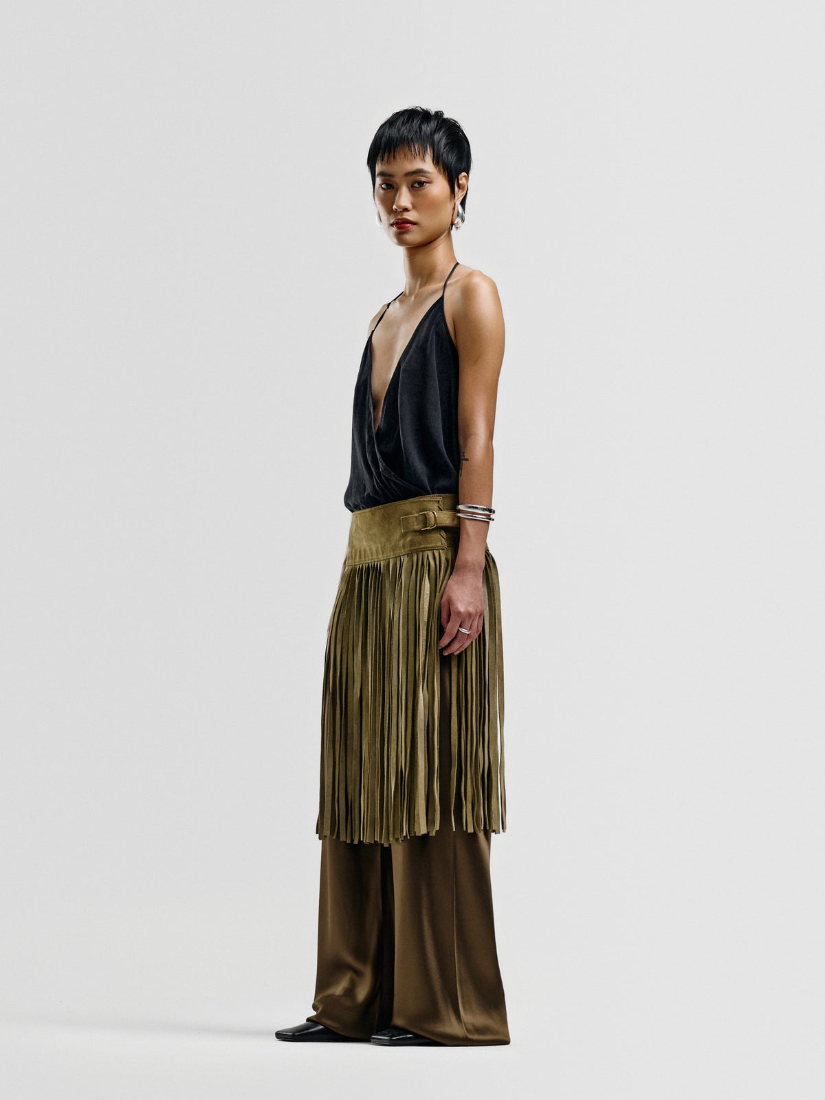 DKNY Suede Fringe Belted Skirt
