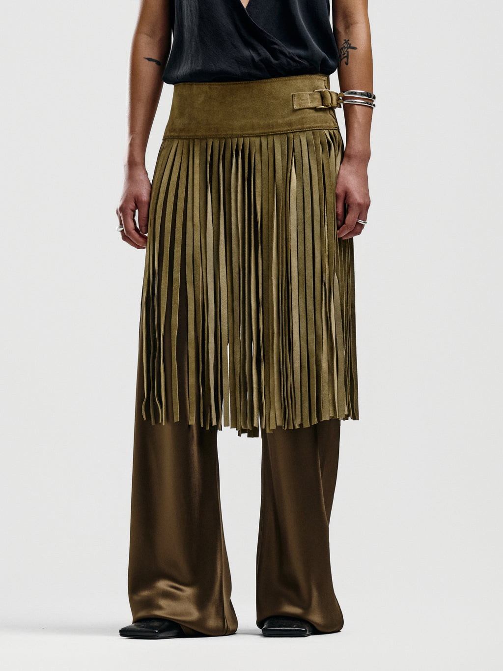 DKNY Suede Fringe Belted Skirt