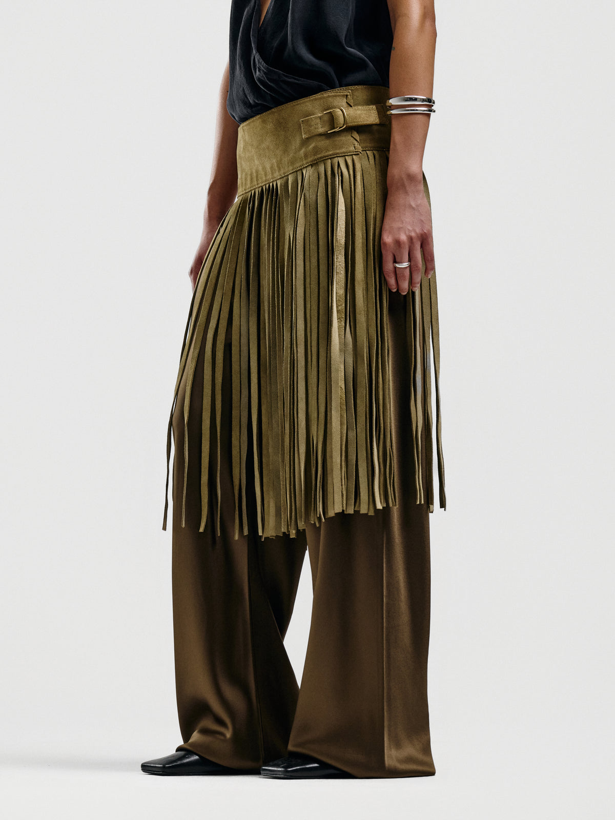 DKNY Suede Fringe Belted Skirt