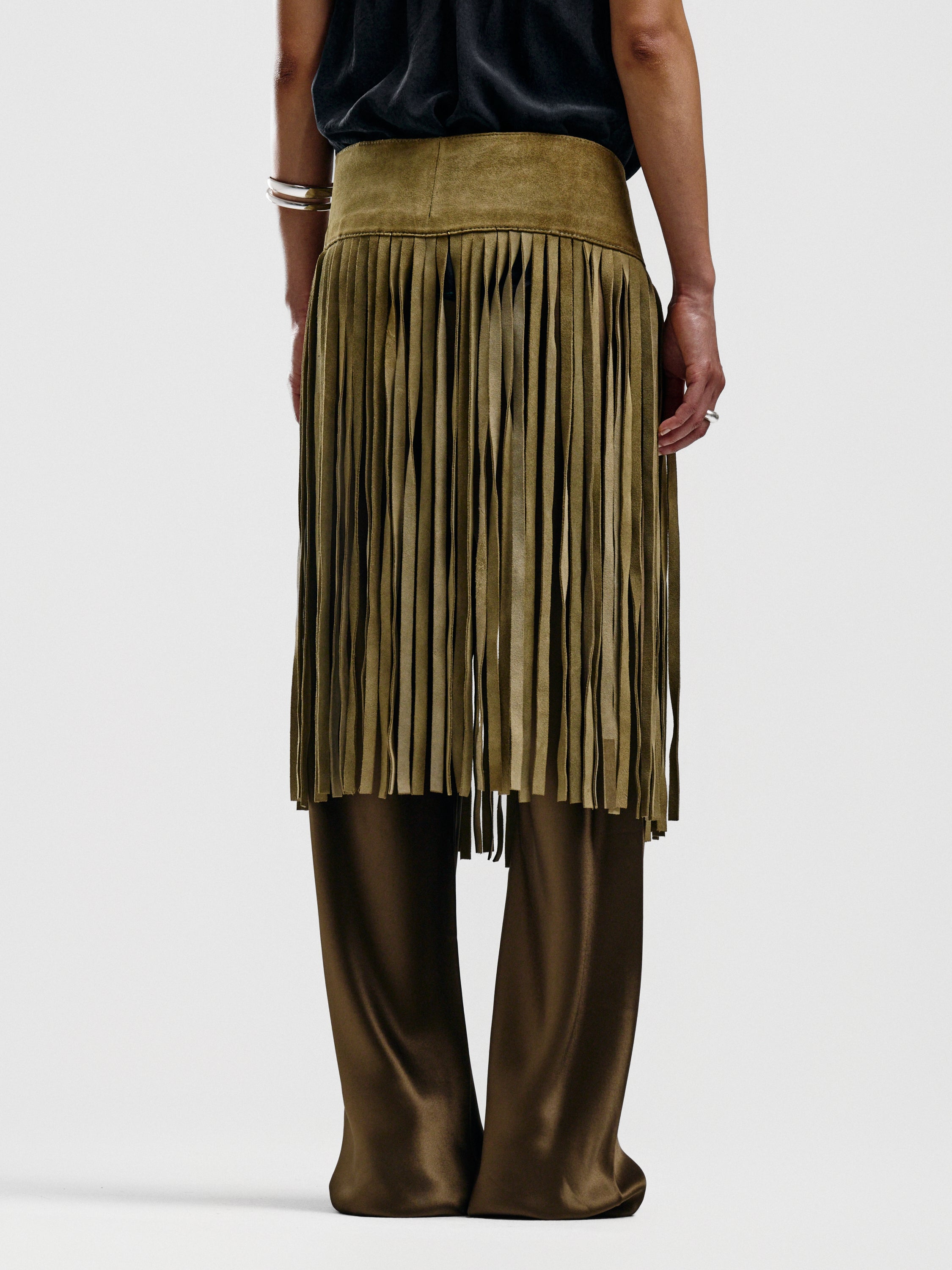 DKNY Suede Fringe Belted Skirt