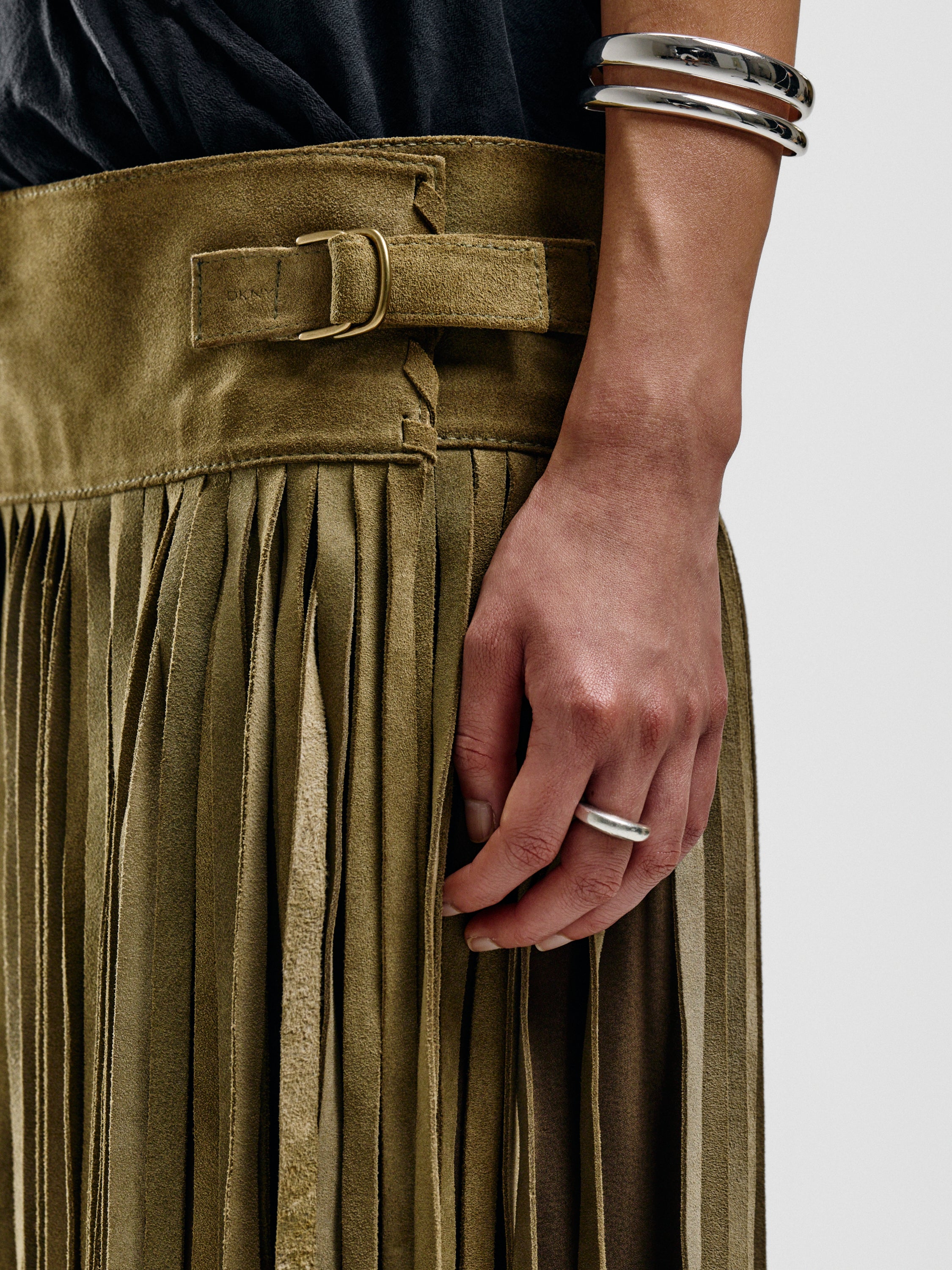 DKNY Suede Fringe Belted Skirt